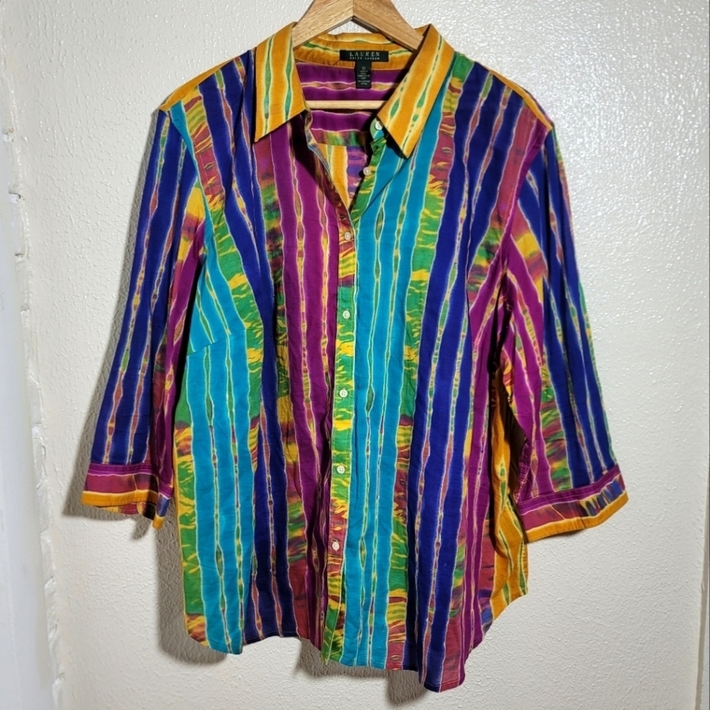 Lauren Ralph Lauren Tie Dye Multicolor Psychadelic Striped Button Down sz 3X